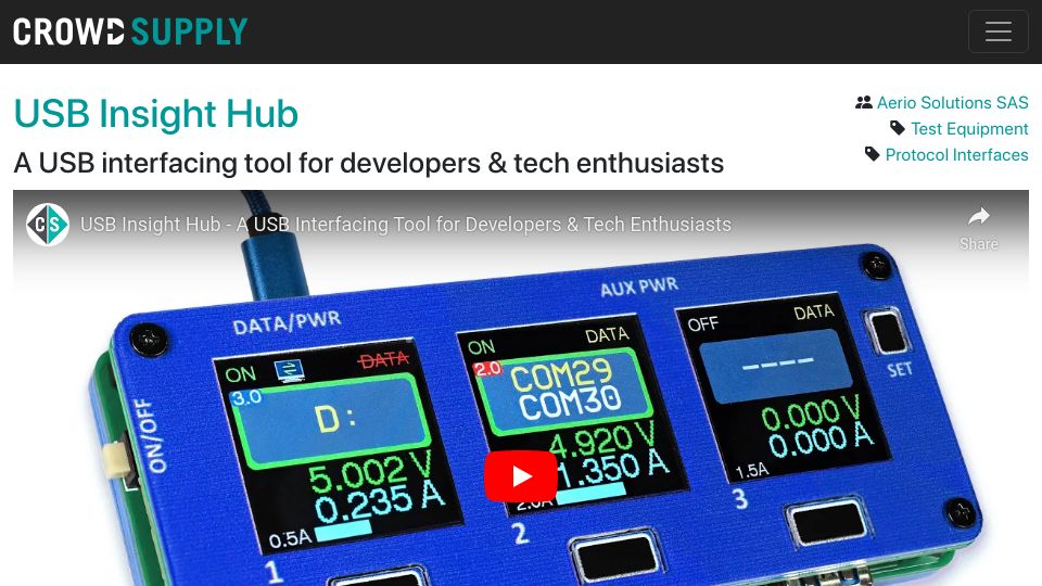 Screenshot of crowdsupply.com: USB Insight Hub