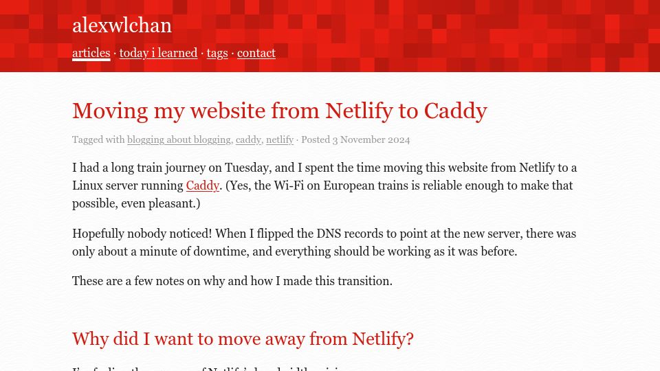 Screenshot of alexwlchan.net: Moving my website from Netlify to Caddy