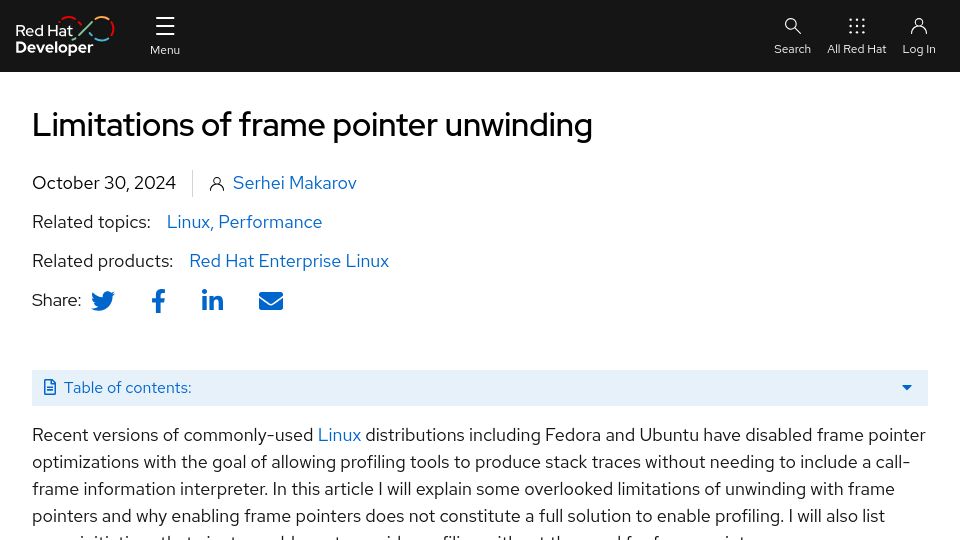 Screenshot of developers.redhat.com: Limitations of frame pointer unwinding