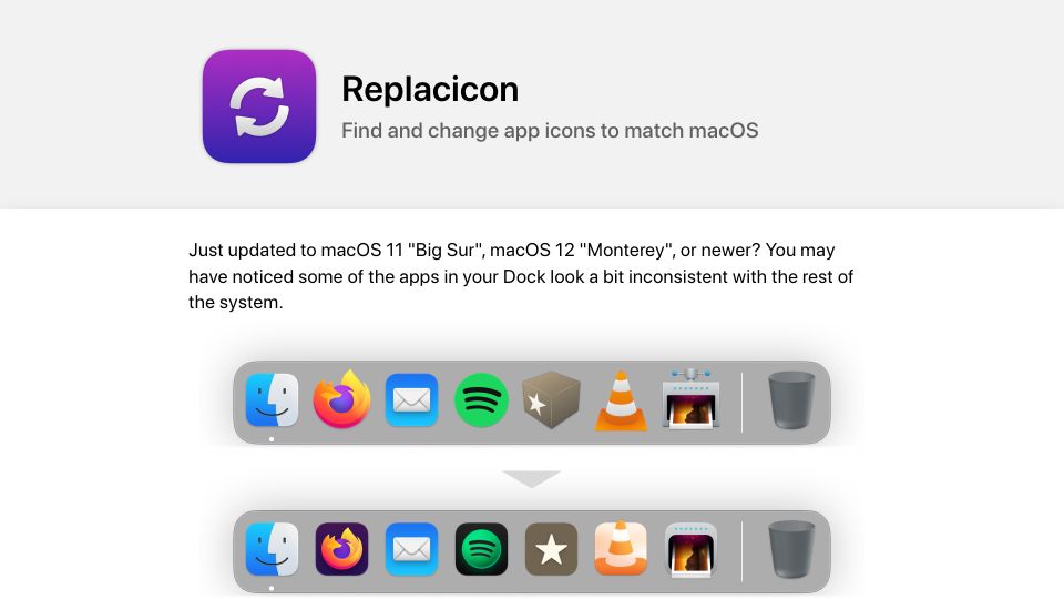 Screenshot of replacicon.app: Show HN: Replacicon – Create and customize app icons on macOS