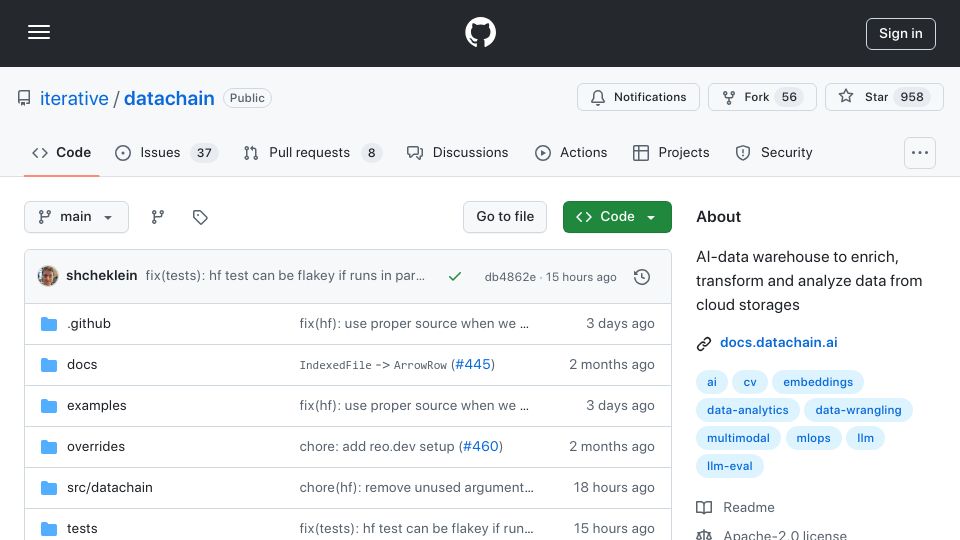 Screenshot of github.com: DataChain: DBT for Unstructured Data
