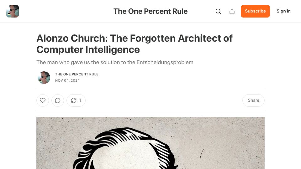 Screenshot of onepercentrule.substack.com: Alonzo Church: Architect of computer intelligence