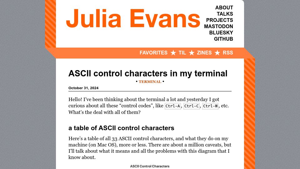 Screenshot of jvns.ca: ASCII control characters in my terminal