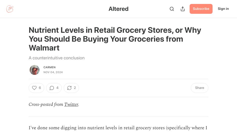 Screenshot of altered.substack.com: Nutrient levels in retail grocery stores