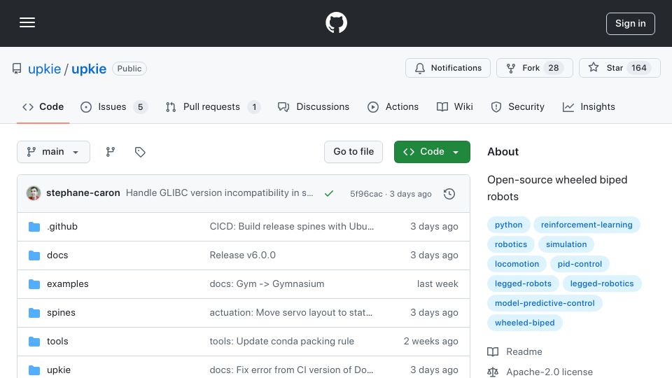 Screenshot of github.com: Open-source wheeled biped robot