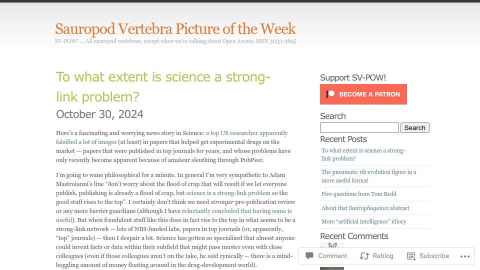 Screenshot of svpow.com: To what extent is science a strong-link problem?