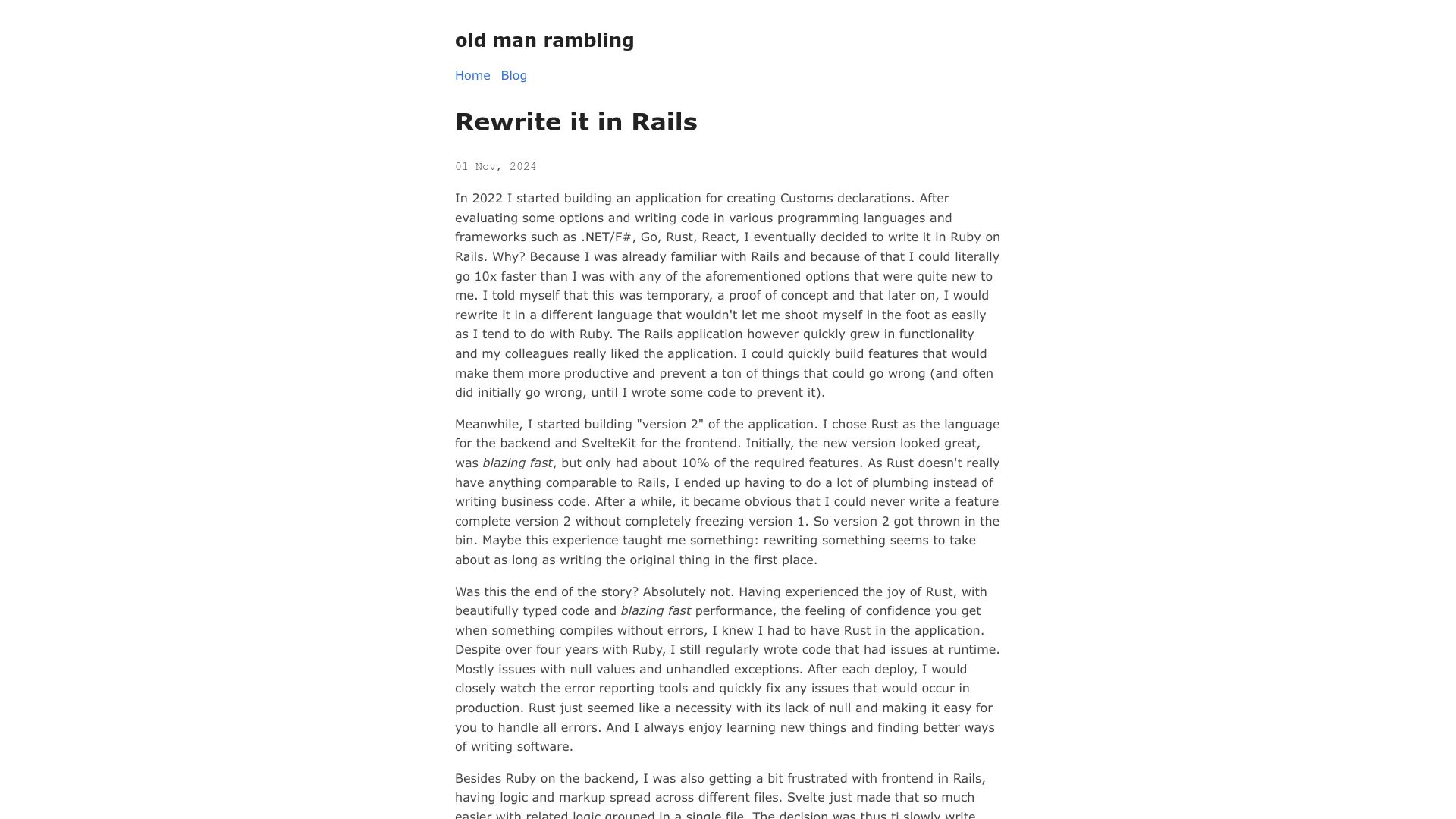 Screenshot of dirkjonker.bearblog.dev: Rewrite it in Rails