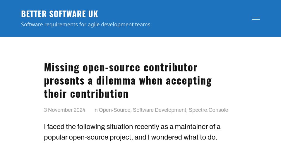 Screenshot of bettersoftware.uk: Missing open-source contributor presents a dilemma when accepting their PR