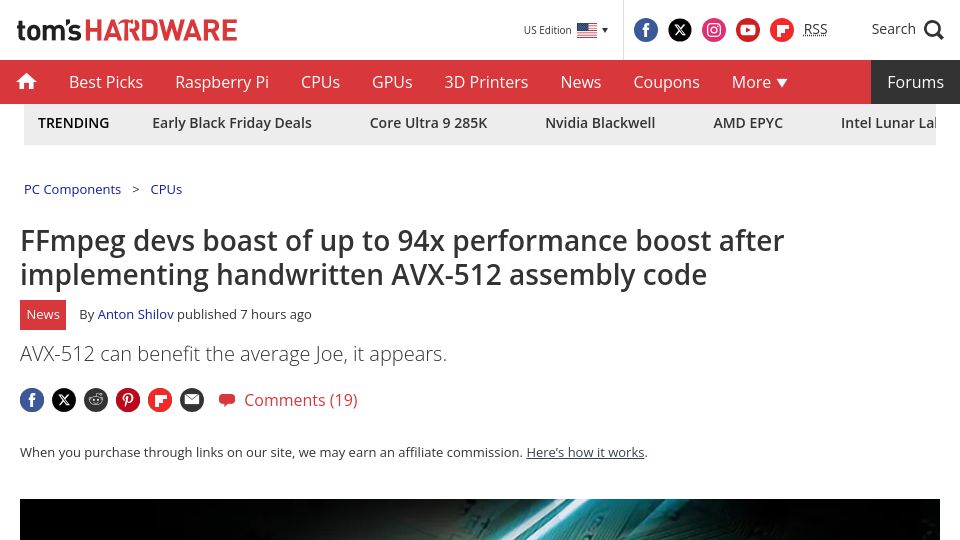 Screenshot of tomshardware.com: FFmpeg up to 94x performance boost after implementing handwritten assembly code