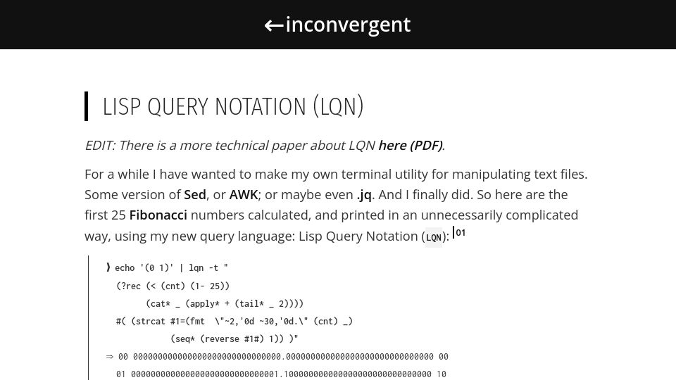 Screenshot of inconvergent.net: Lisp Query Notation (LQN)