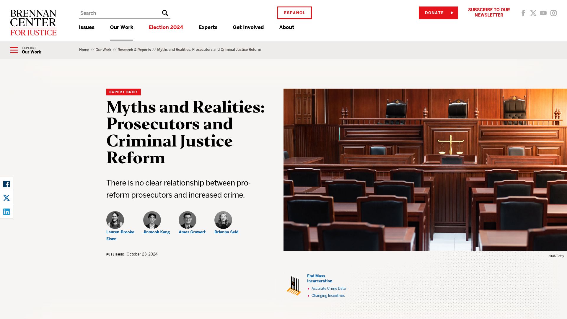 Screenshot of brennancenter.org: Myths and Realities: Prosecutors and Criminal Justice Reform