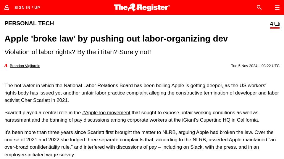 Screenshot of theregister.com: Apple 'broke law' by pushing out labor-organizing dev