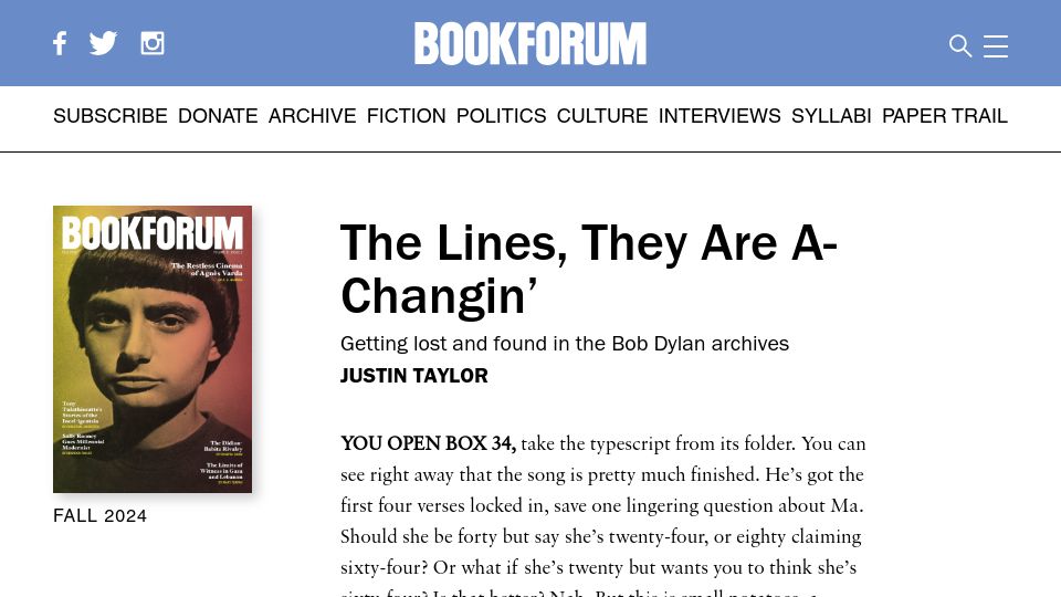 Screenshot of bookforum.com: The Lines, They Are A-Changin'
