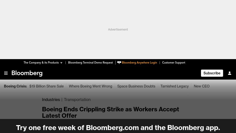 Screenshot of bloomberg.com: Boeing Ends Crippling Strike as Workers Accept Latest Offer