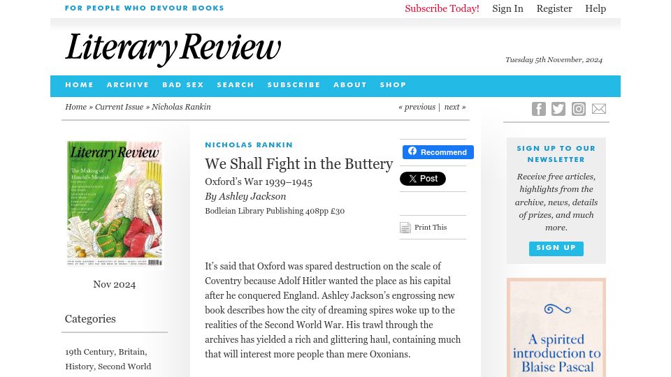 Screenshot of literaryreview.co.uk: We Shall Fight in the Buttery – Oxford's War 1939–1945