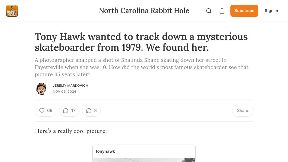 Screenshot of ncrabbithole.com: Tracking down a mysterious skateboarder from 1979