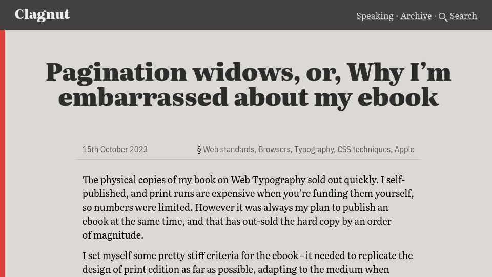 Screenshot of clagnut.com: Pagination widows, or, why I'm embarrassed about my eBook (2023)