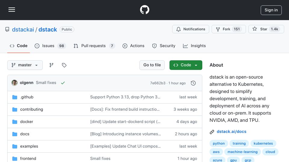 Screenshot of github.com: Dstack: An alternative to k8s for AI/ML tasks