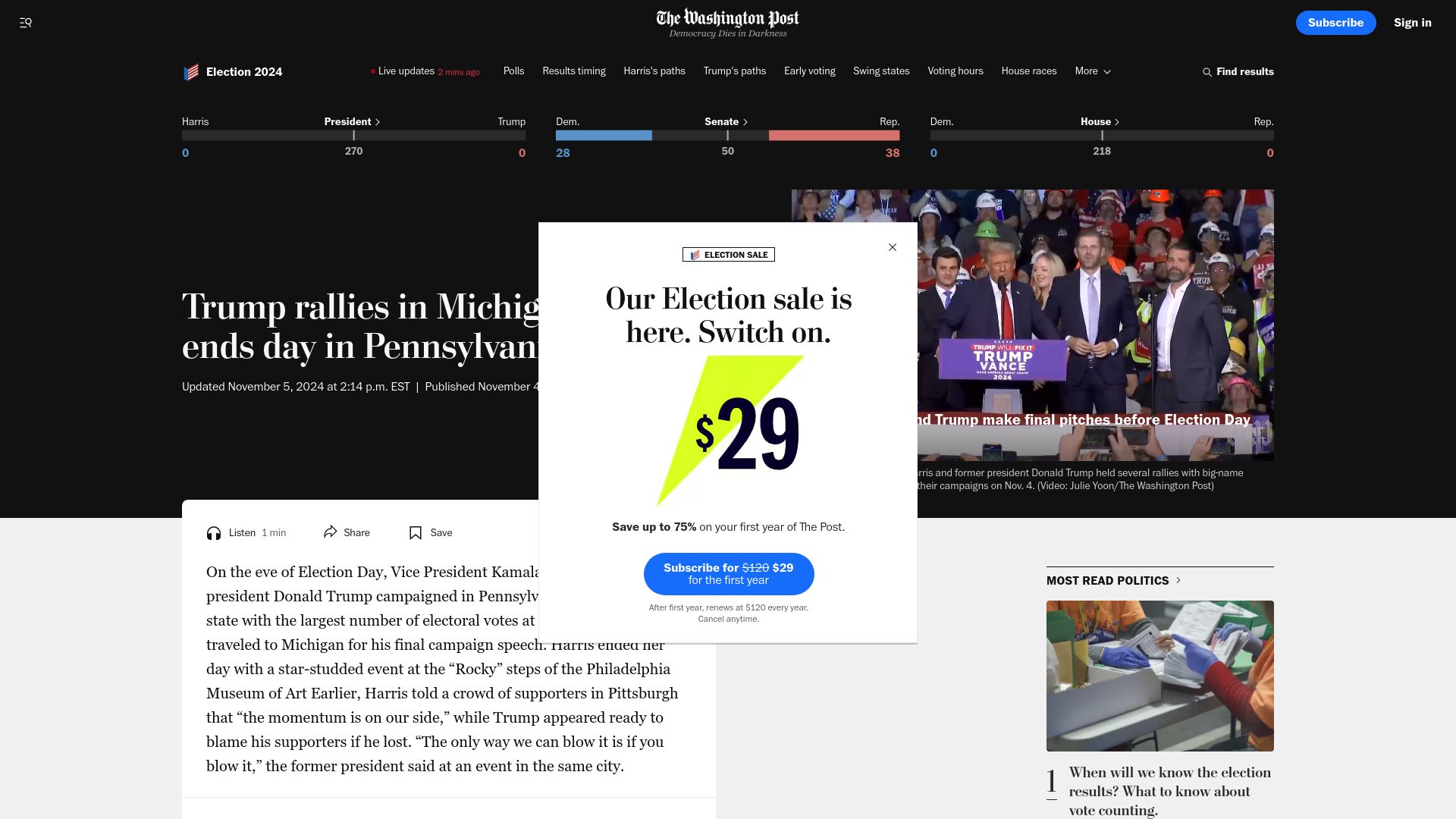 Screenshot of washingtonpost.com: Google CEO Pichai Tells Employees to Stay Neutral