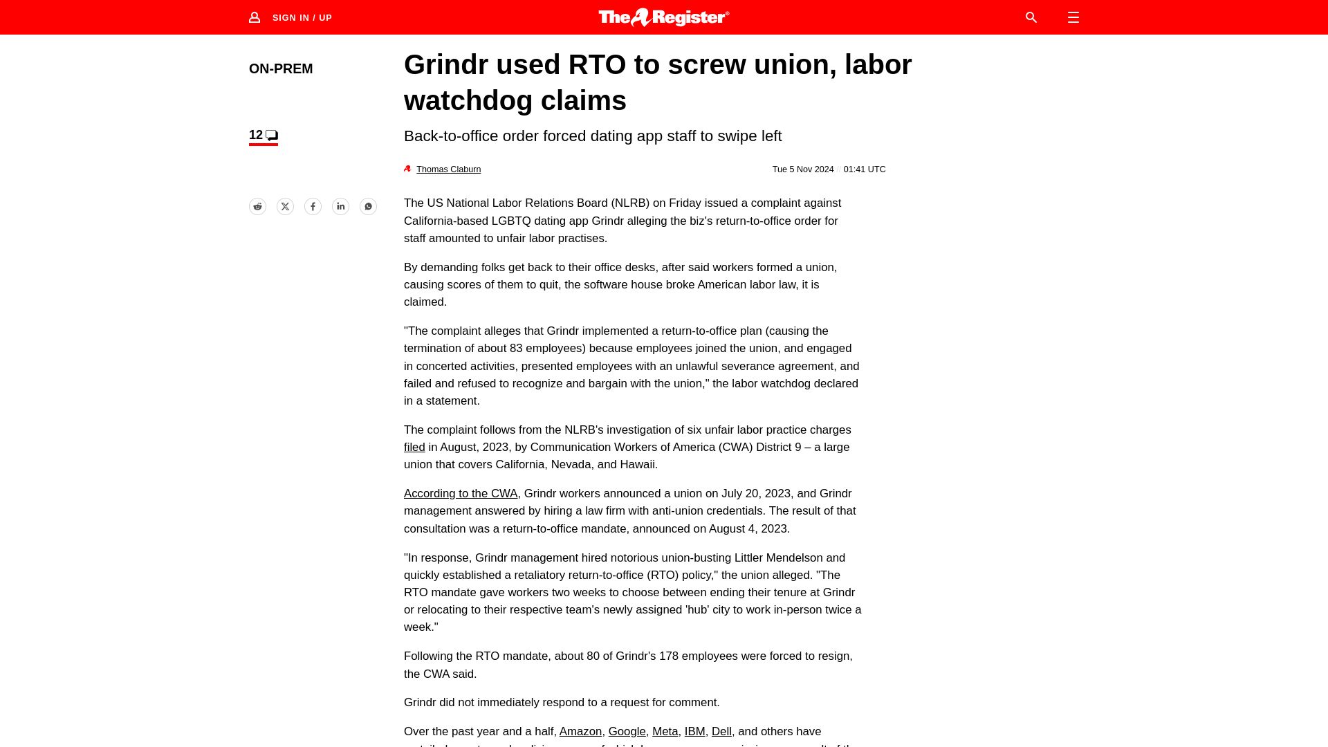 Screenshot of theregister.com: Grindr used RTO to screw union, labor watchdog claims