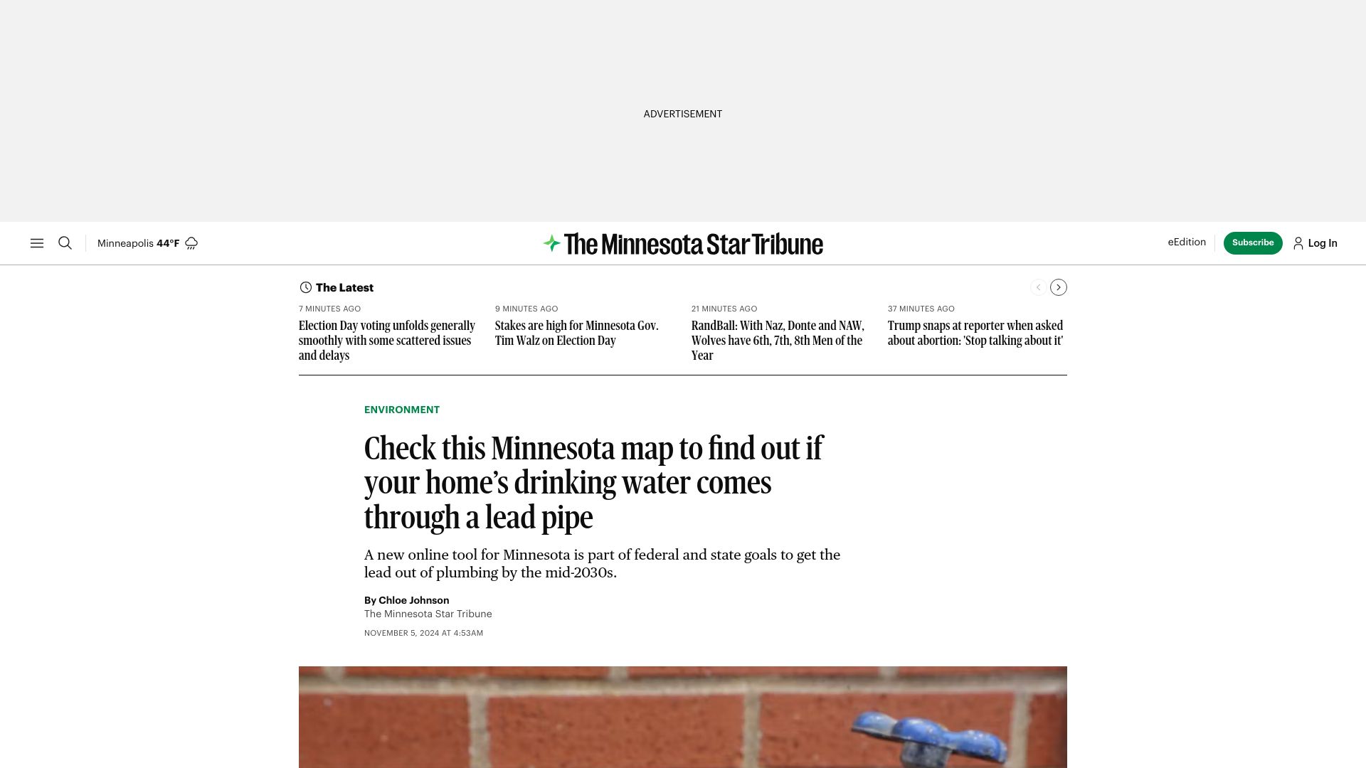Screenshot of startribune.com: Minnesota map to find out if your home's drinking water comes through lead pipe