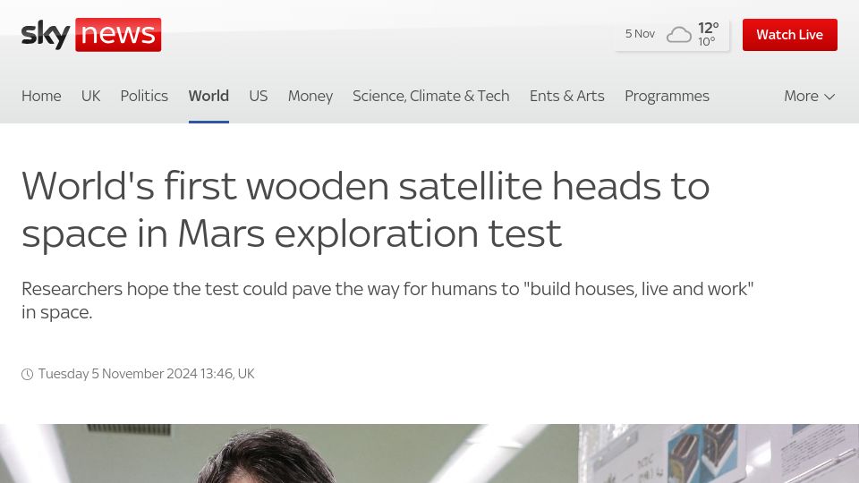 Screenshot of news.sky.com: Wooden satellite heads to space in Mars exploration test