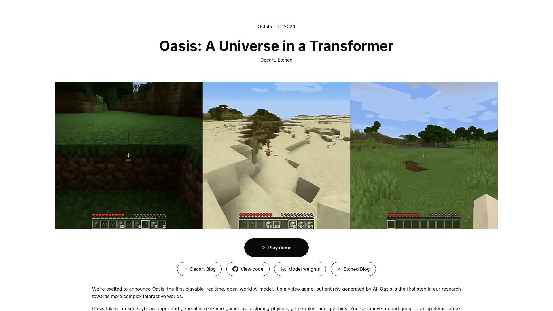 Screenshot of oasis-model.github.io: Oasis: A Universe in a Transformer