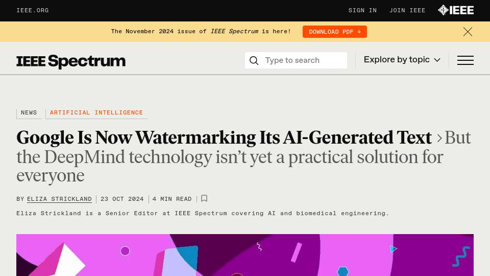 Screenshot of spectrum.ieee.org: DeepMind debuts watermarks for AI-generated text