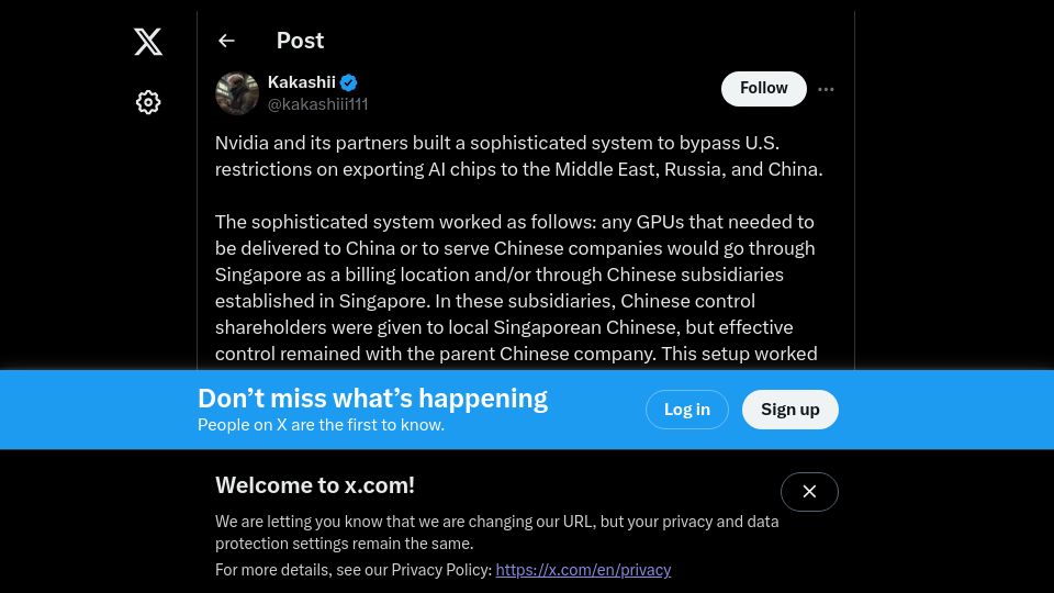Screenshot of twitter.com: Nvidia and its partners built a system to bypass U.S. export restrictions