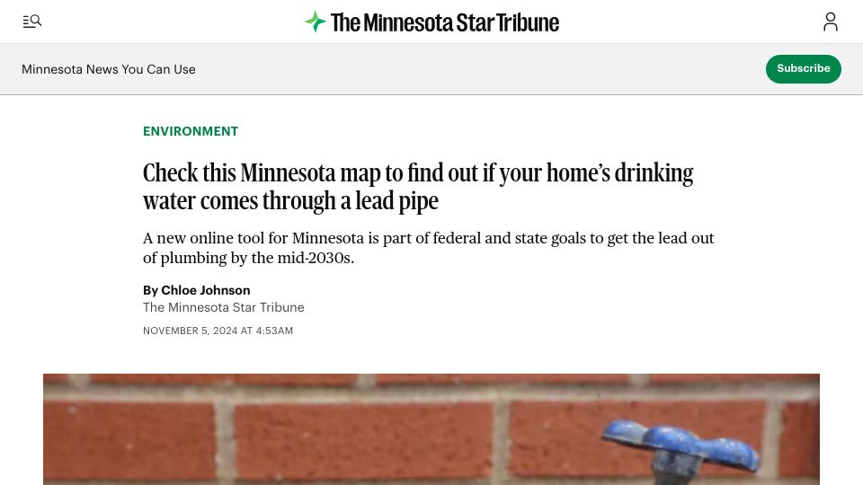 Screenshot of startribune.com: Minnesota map to find out if your home's drinking water comes through lead pipe