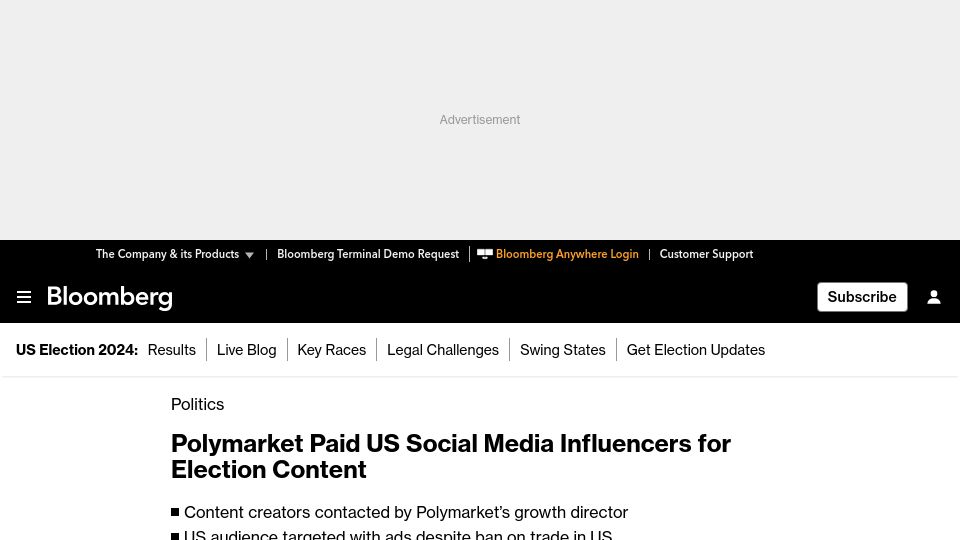 Screenshot of bloomberg.com: Polymarket Paid US Social Media Influencers for Election Content