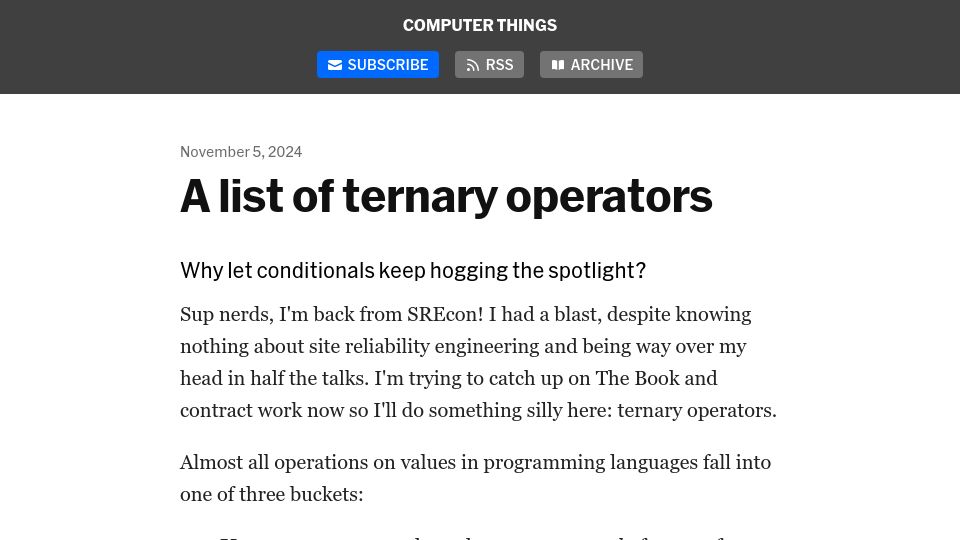 Screenshot of buttondown.com: Ternary Operators
