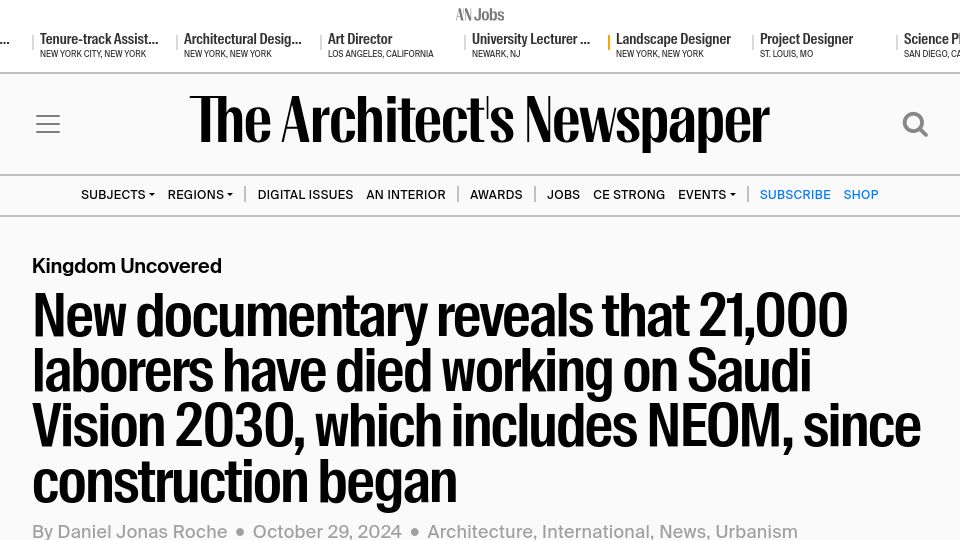 Screenshot of archpaper.com: New documentary reveals that 21,000 laborers have died working Saudi Vision 2030