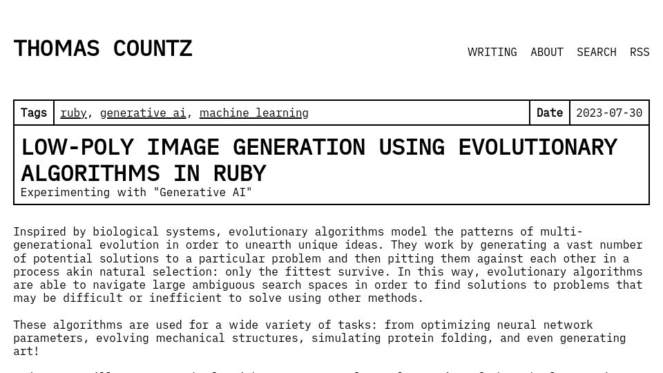 Screenshot of thomascountz.com: Low-poly image generation using evolutionary algorithms in Ruby (2023)