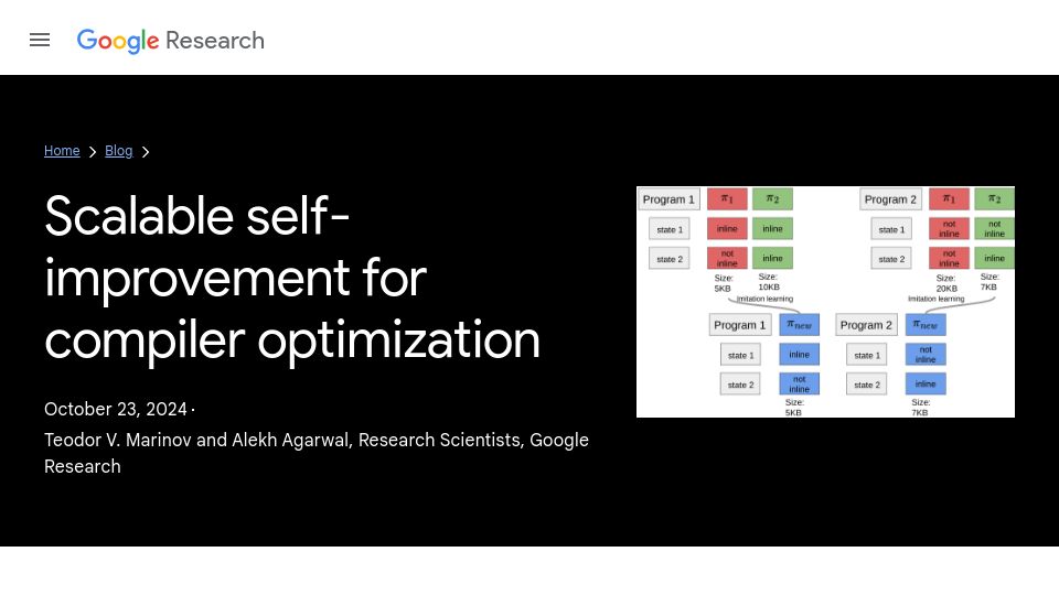 Screenshot of research.google: Scalable self-improvement for compiler optimization