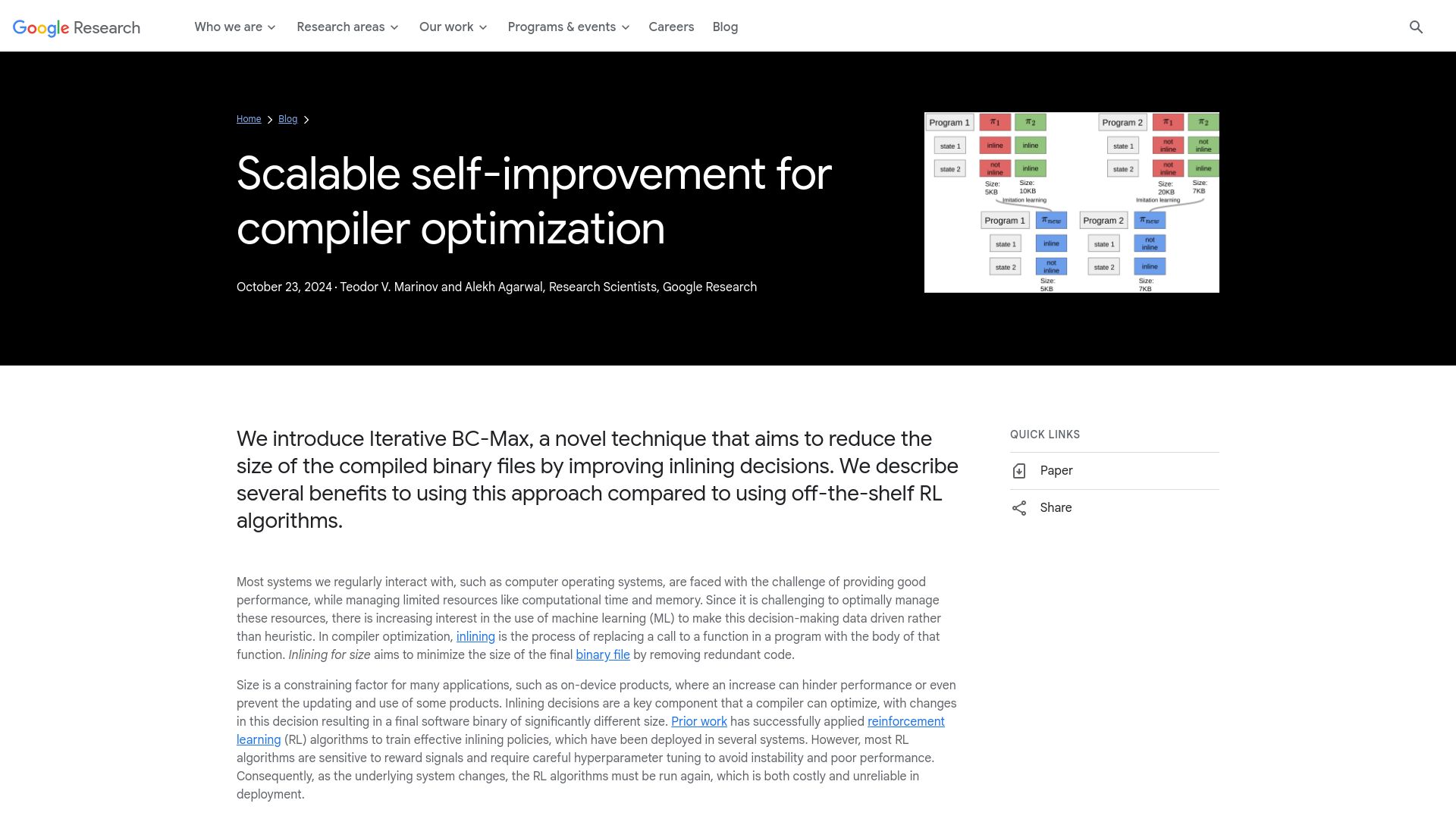 Screenshot of research.google: Scalable self-improvement for compiler optimization