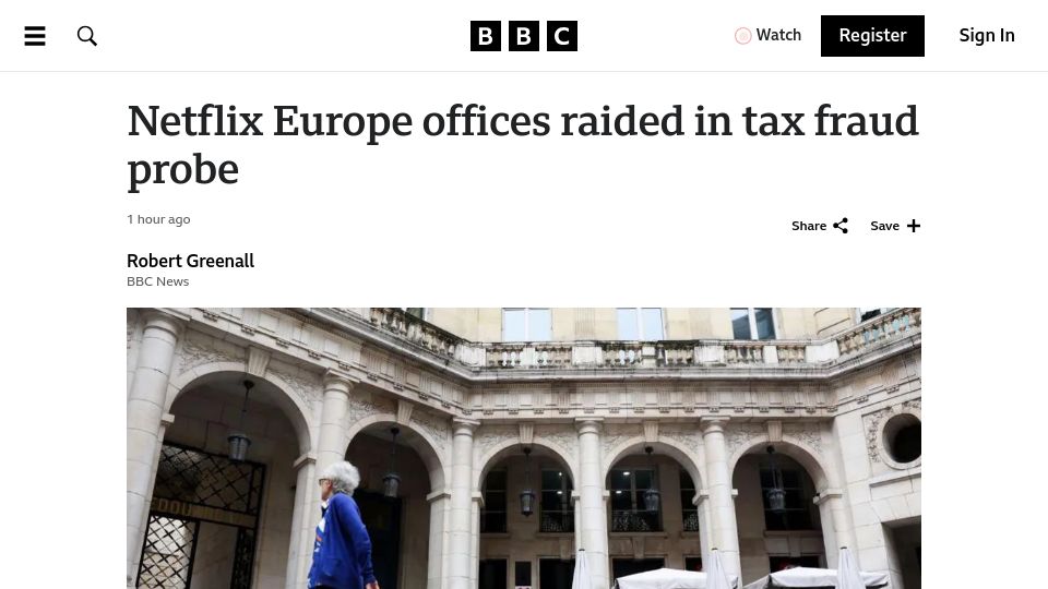 Screenshot of bbc.co.uk: Netflix Europe offices raided in tax fraud probe