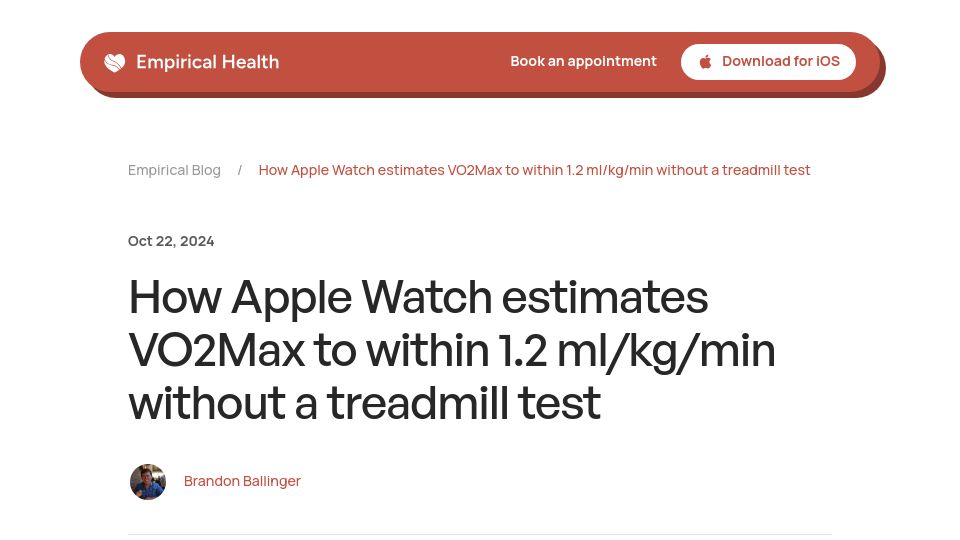 Screenshot of empirical.health: How Apple Watch estimates VO2Max within 1.2 ml/kg/min without a treadmill test