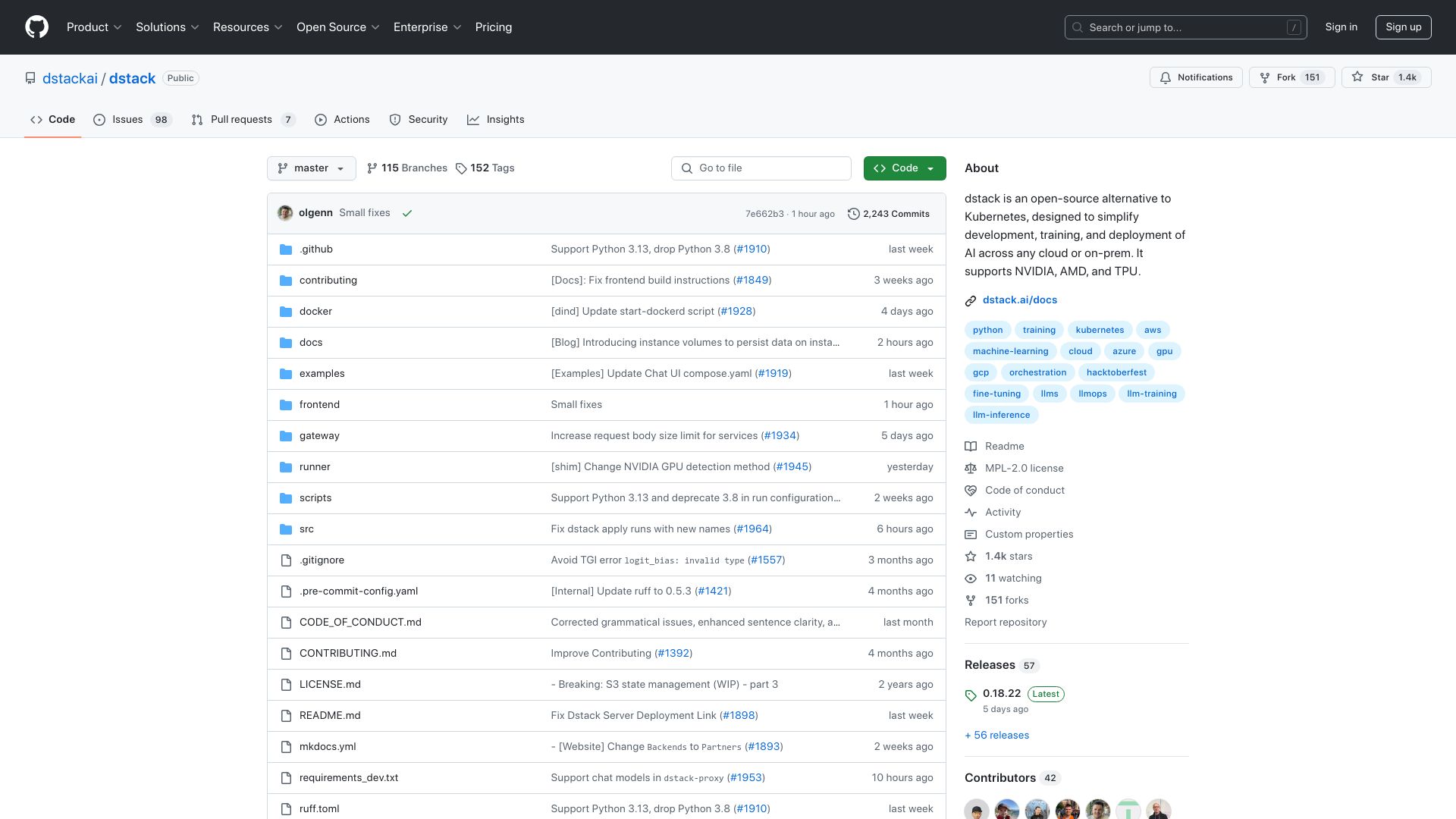 Screenshot of github.com: Dstack: An alternative to k8s for AI/ML tasks