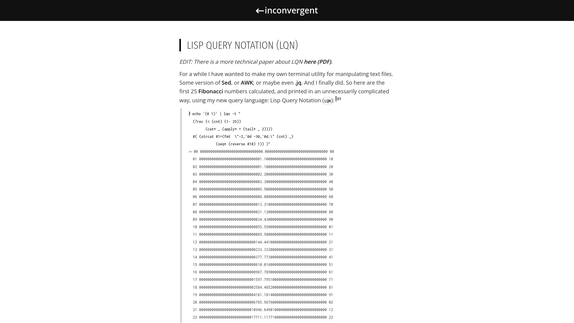 Screenshot of inconvergent.net: Lisp Query Notation (LQN)