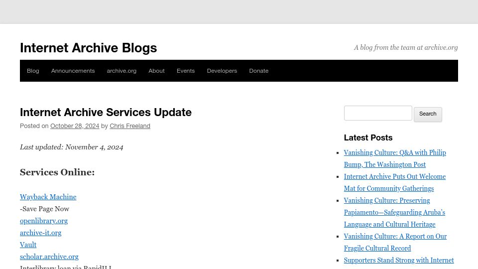 Screenshot of blog.archive.org: Internet Archive Services Update