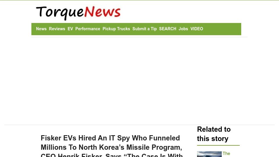 Screenshot of torquenews.com: Fisker EVs Hired an IT Spy Who Funneled Millions to N. Korea's Missile Program