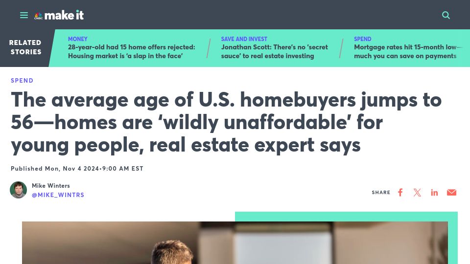 Screenshot of cnbc.com: The average age of U.S. homebuyers jumps to 56