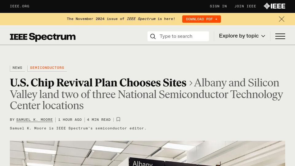 Screenshot of spectrum.ieee.org: U.S. chip revival plan chooses sites