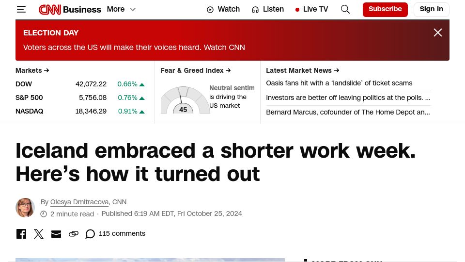 Screenshot of cnn.com: Iceland embraced a shorter work week