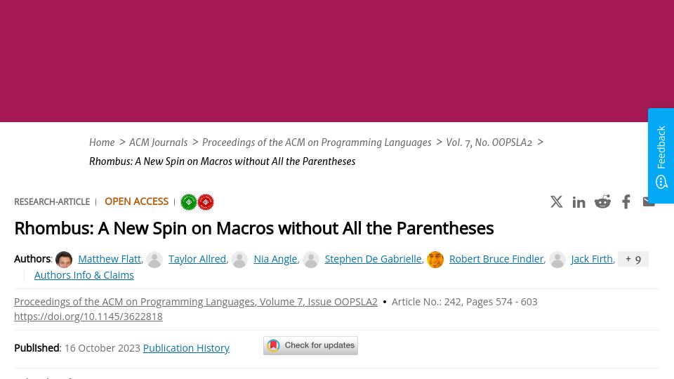 Screenshot of dl.acm.org: Rhombus: A New Spin on Macros (2023)