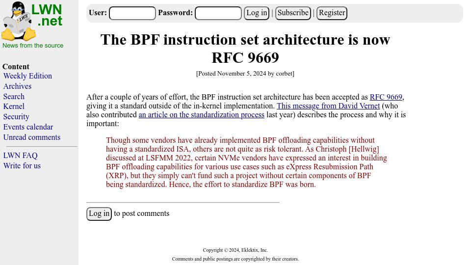 Screenshot of lwn.net: The BPF instruction set architecture is now RFC 9669