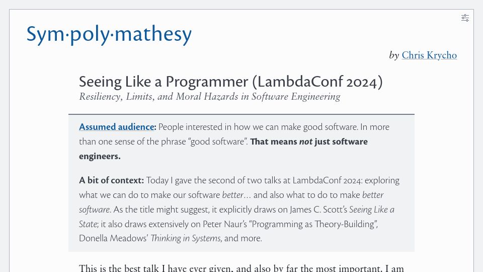 Screenshot of v5.chriskrycho.com: Seeing Like a Programmer: Resiliency, Limits, and Moral Hazards