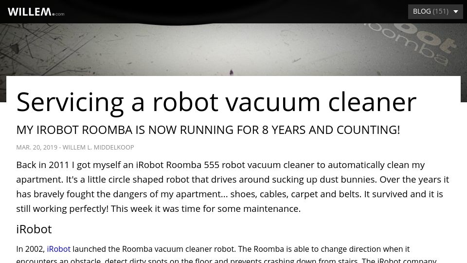 Screenshot of willem.com: Servicing a robot vacuum cleaner (2019)