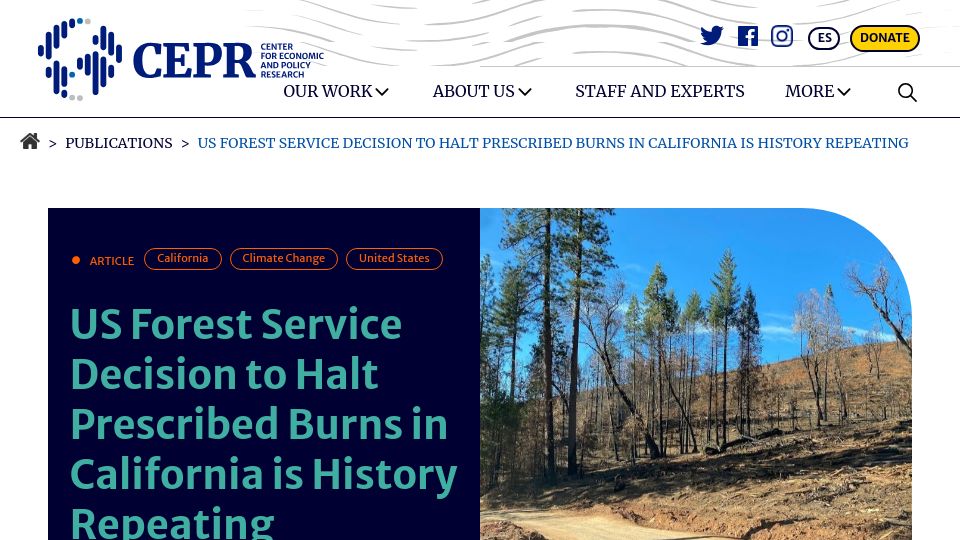 Screenshot of cepr.net: USFS decision to halt prescribed burns in California is history repeating